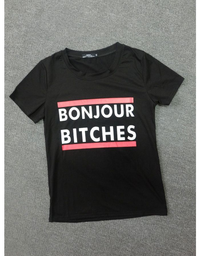 Women Double Red Lines Letters Printed Casual Cotton Short Sleeve T-shirt